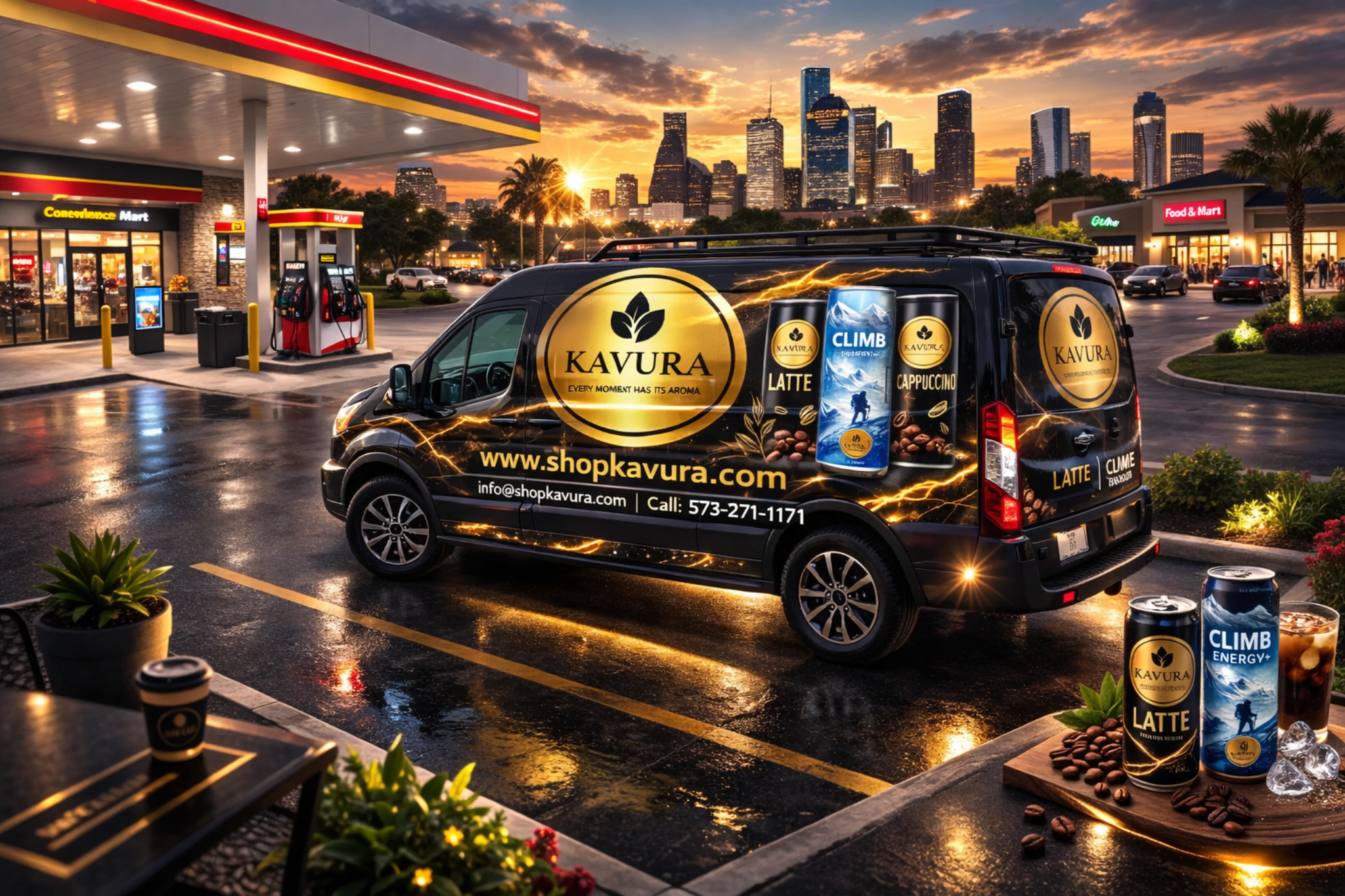 Kavura delivery van featuring Kavura Latte, Cappuccino, and Climb Energy+