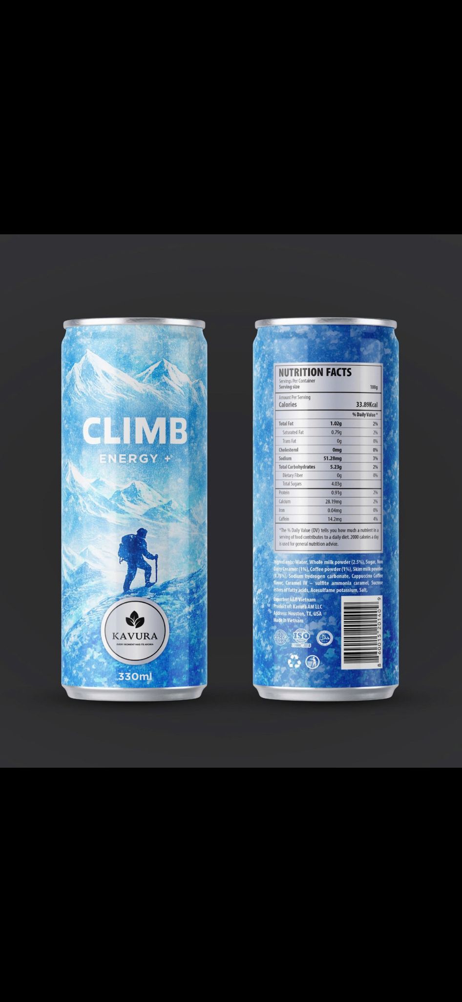 Climb Energy+ cans (front and back)